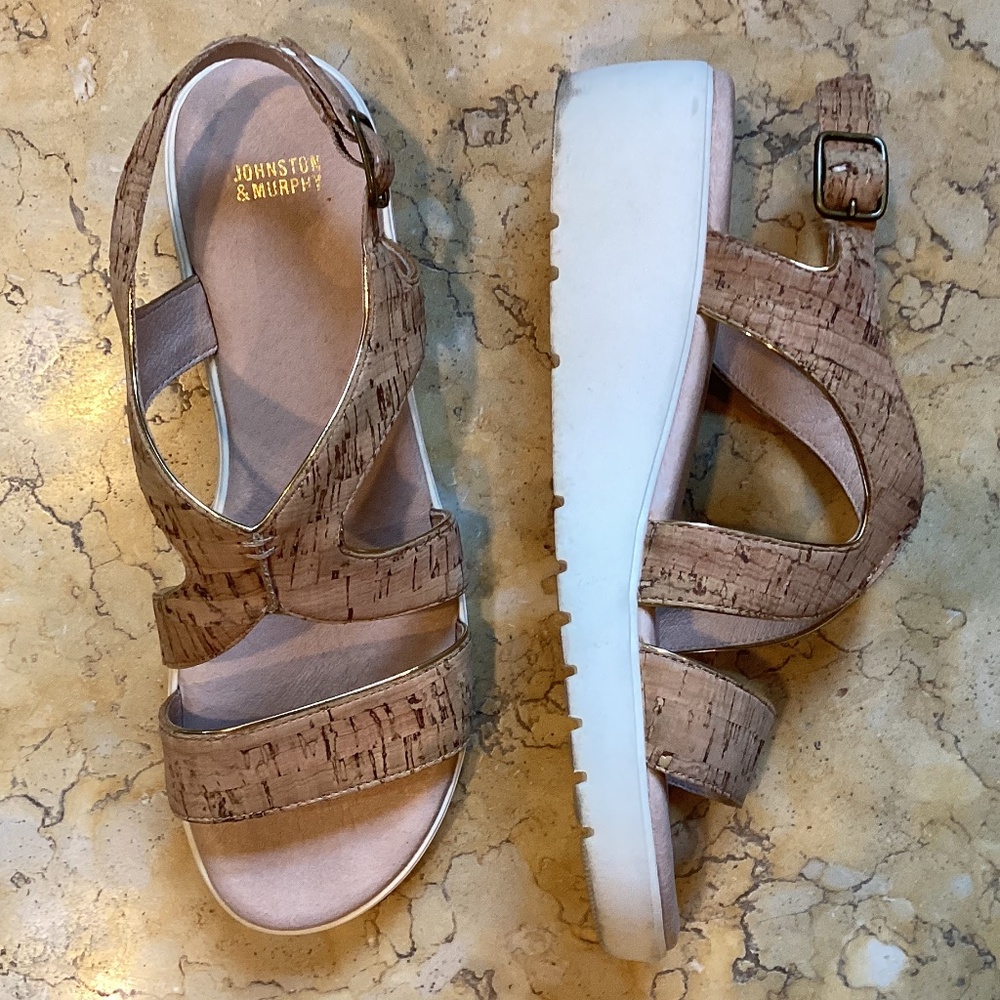 Johnston & Murphy Cora Natural Cork Gold Piped Wedge Comfort Cushioned Sandals - Picture 7 of 10